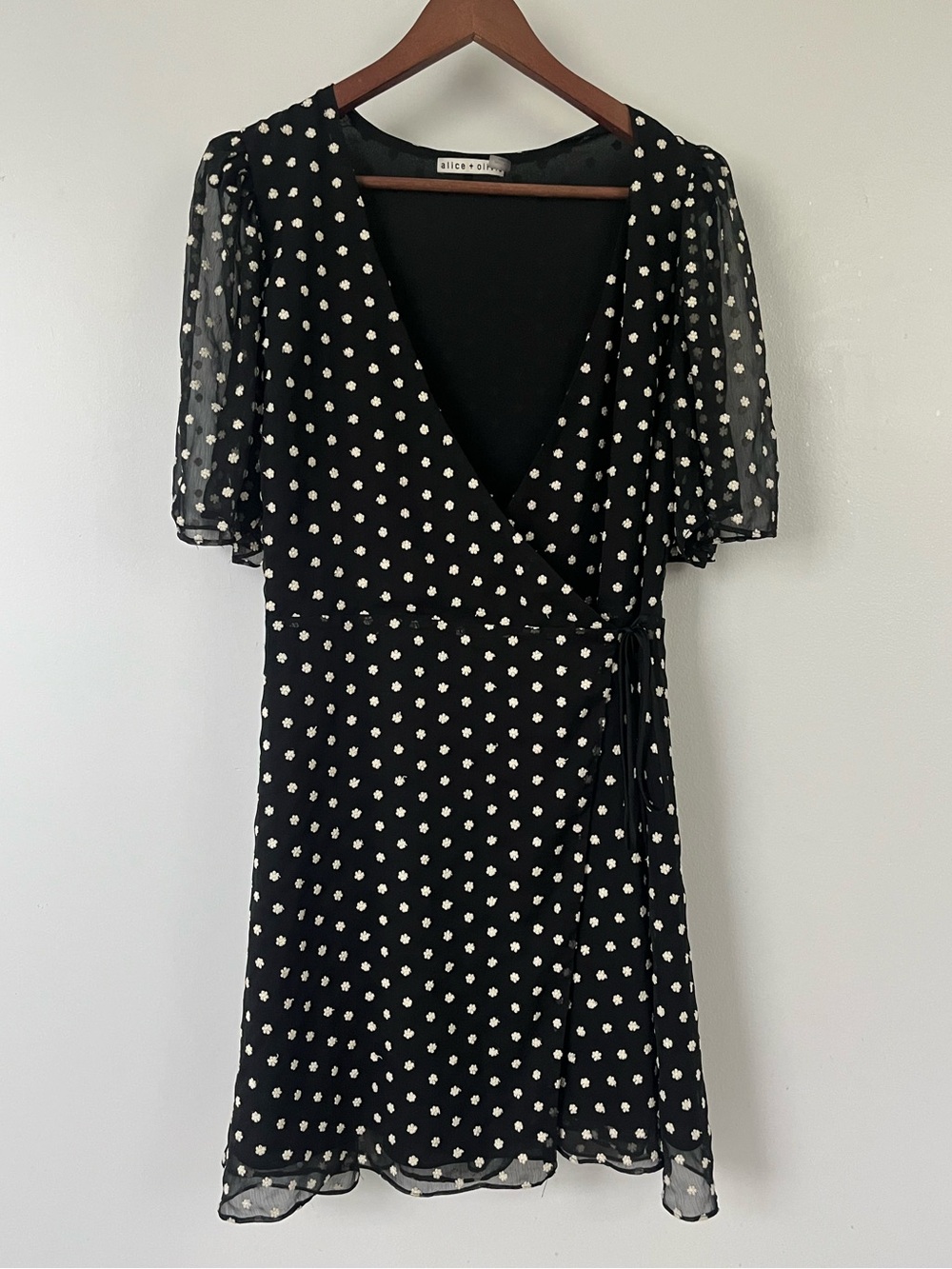 Alice + Olivia Black Polka Dot Wrap Mini Dress